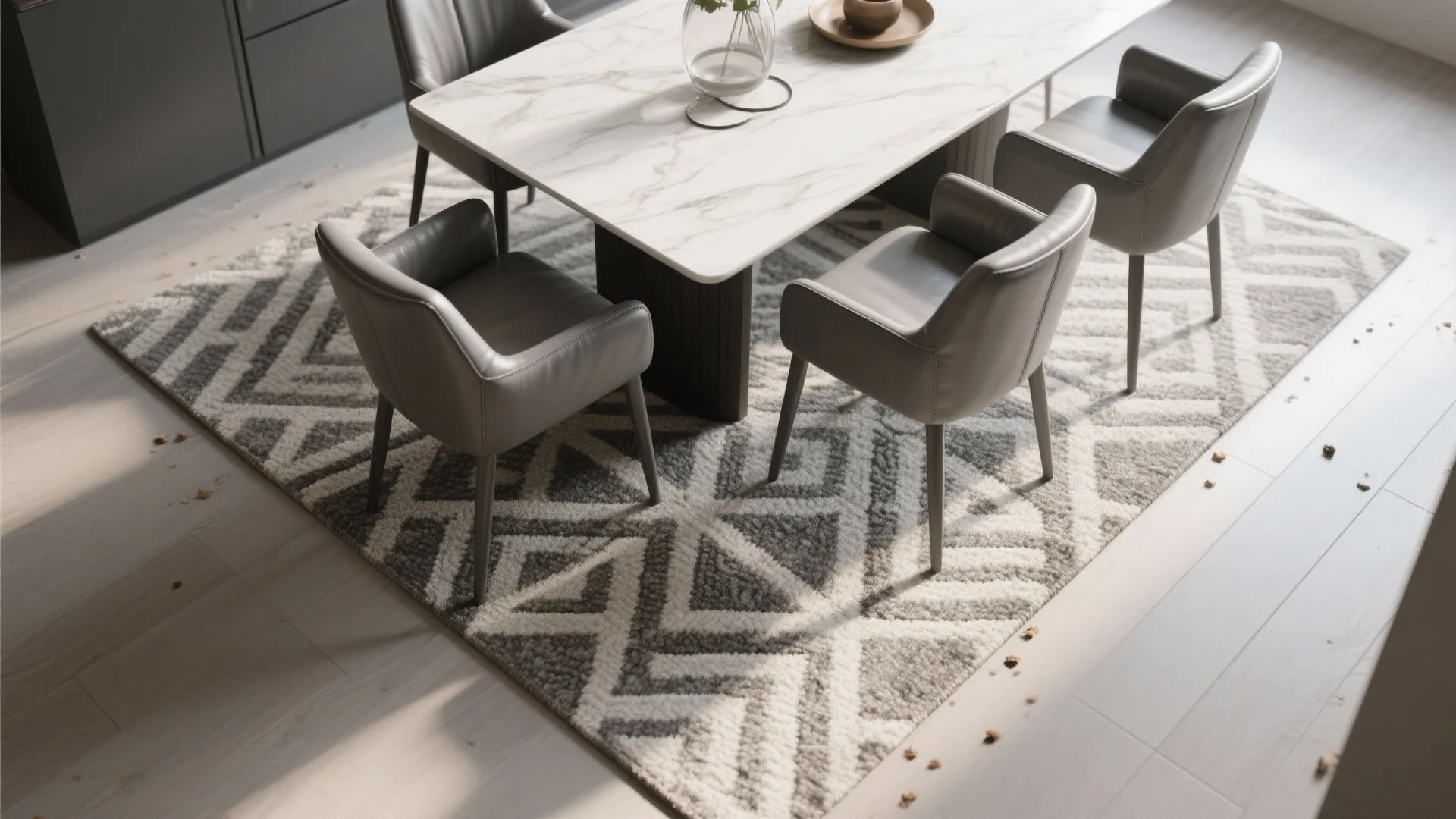 Marble dining table and grey chairs placed on a patterned rug over light wood floor