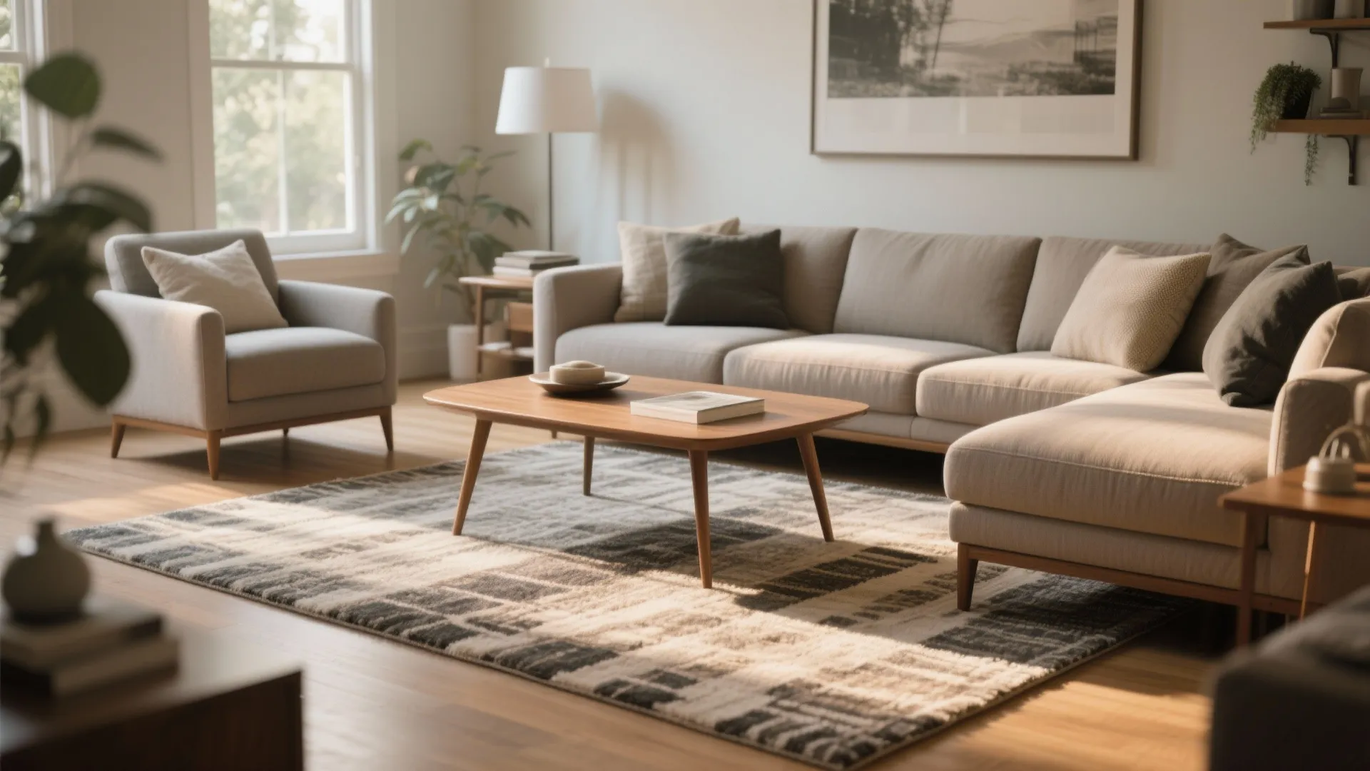 Bright living room with a large grey sofa and patterned rug under a wooden table