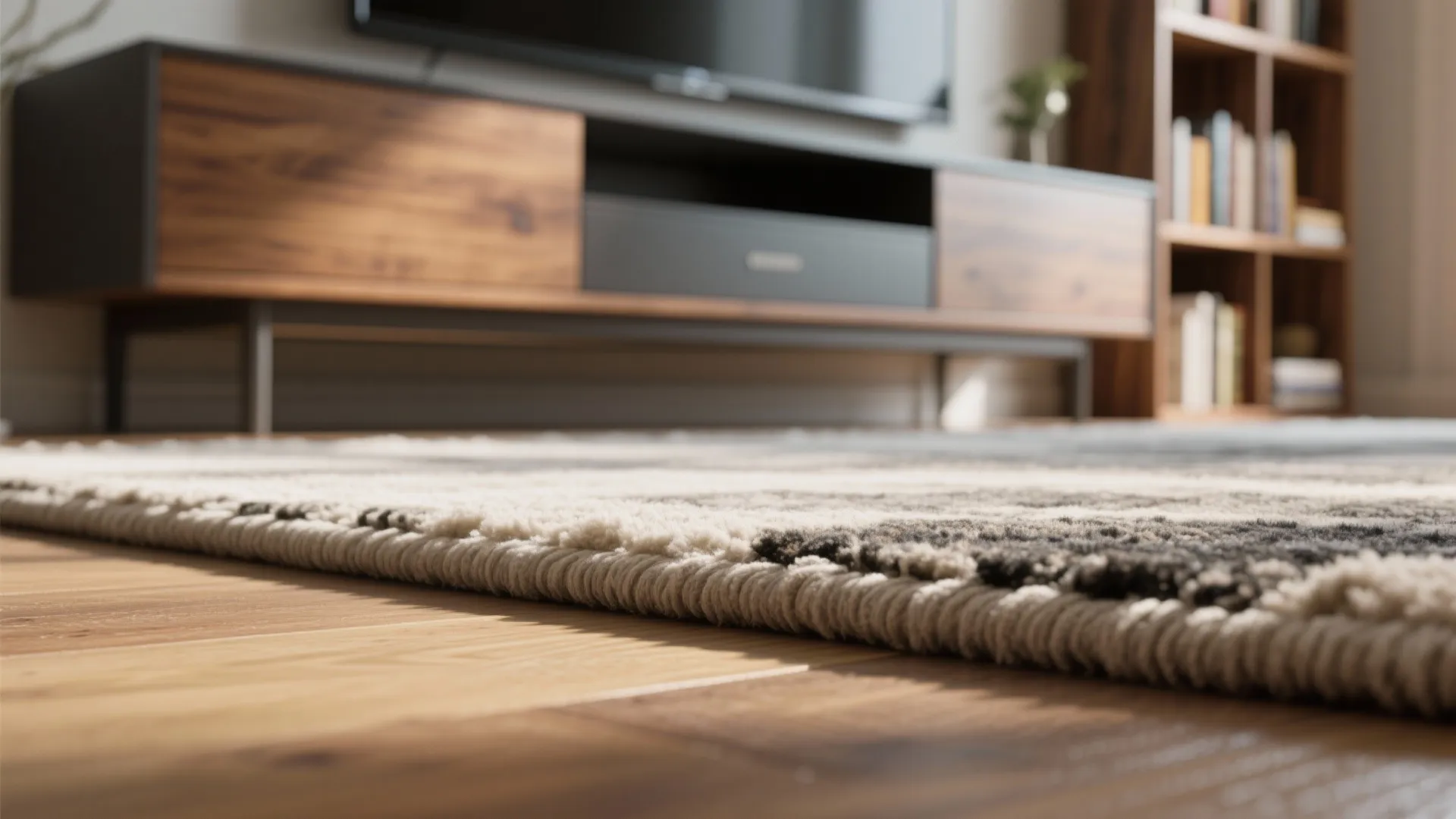 Close up view of a patterned rug placed on wood flooring near a wooden cabinet