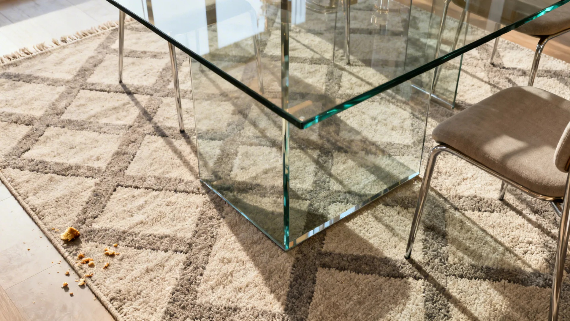 Glass dining table on a low-pile neutral geometric rug with chairs partly pulled out.