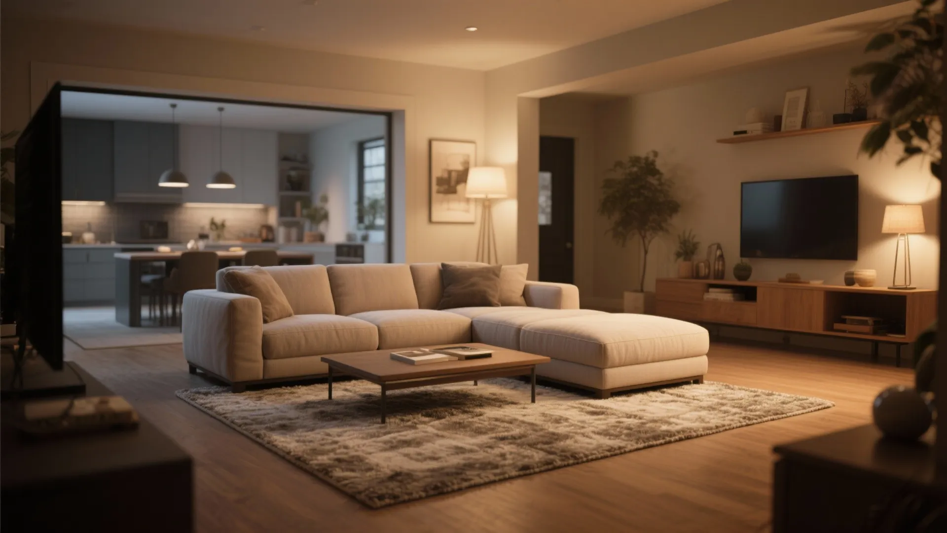 Neutral rug beneath sectional sofa in family room