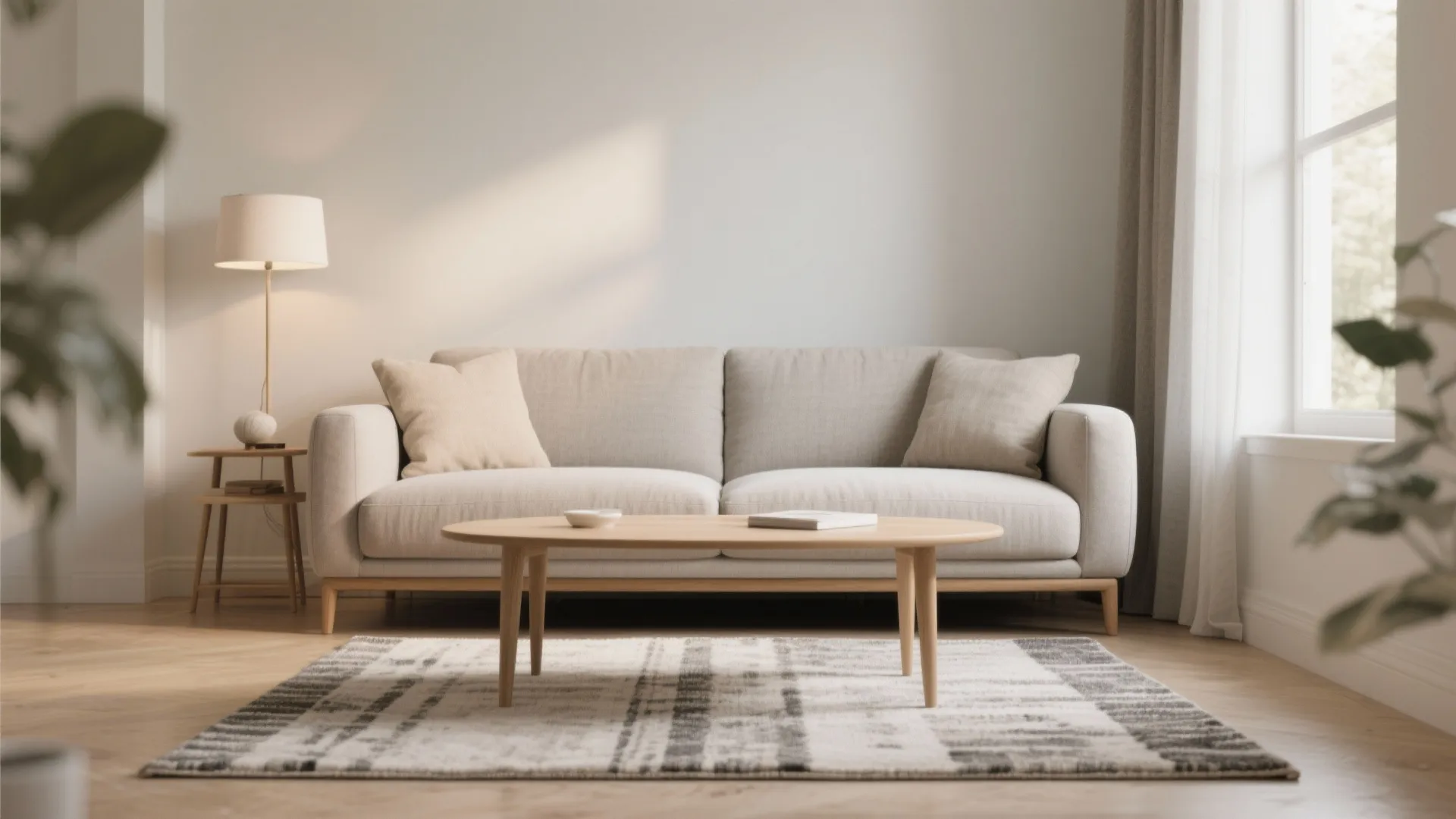 Minimalist living room with beige sofa wooden coffee table and a grey patterned area rug