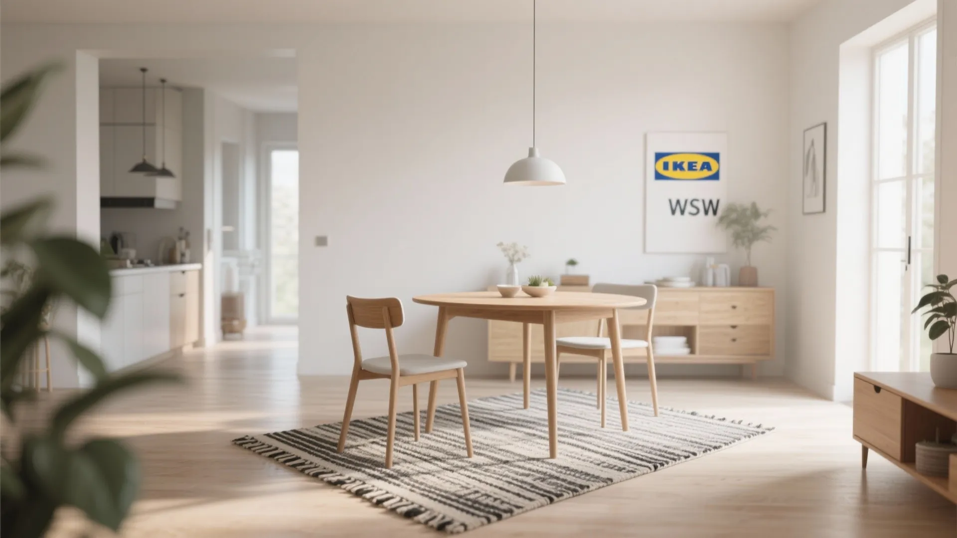 Modern round wooden dining table and chairs set on a striped rug with white walls