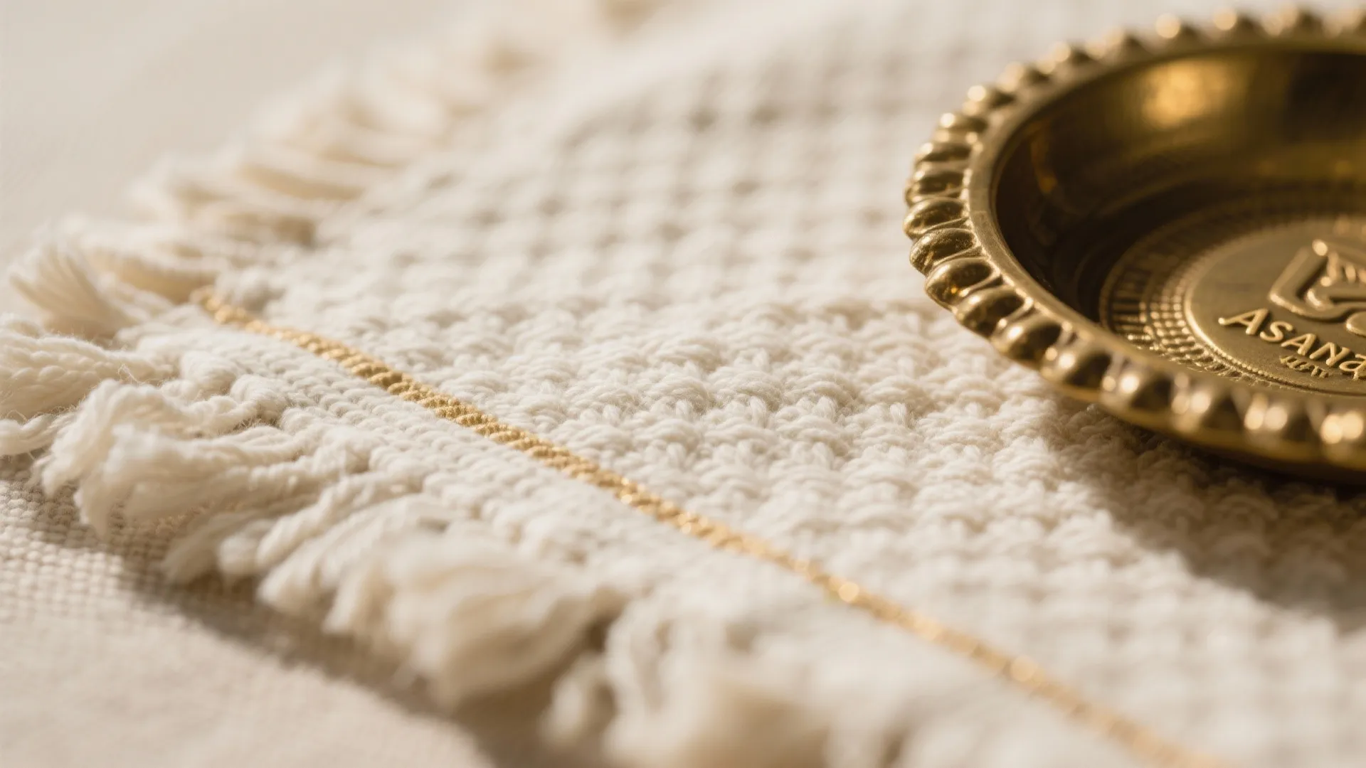 4) Soft floor layering: cotton rug, asana pad, and a brass urli