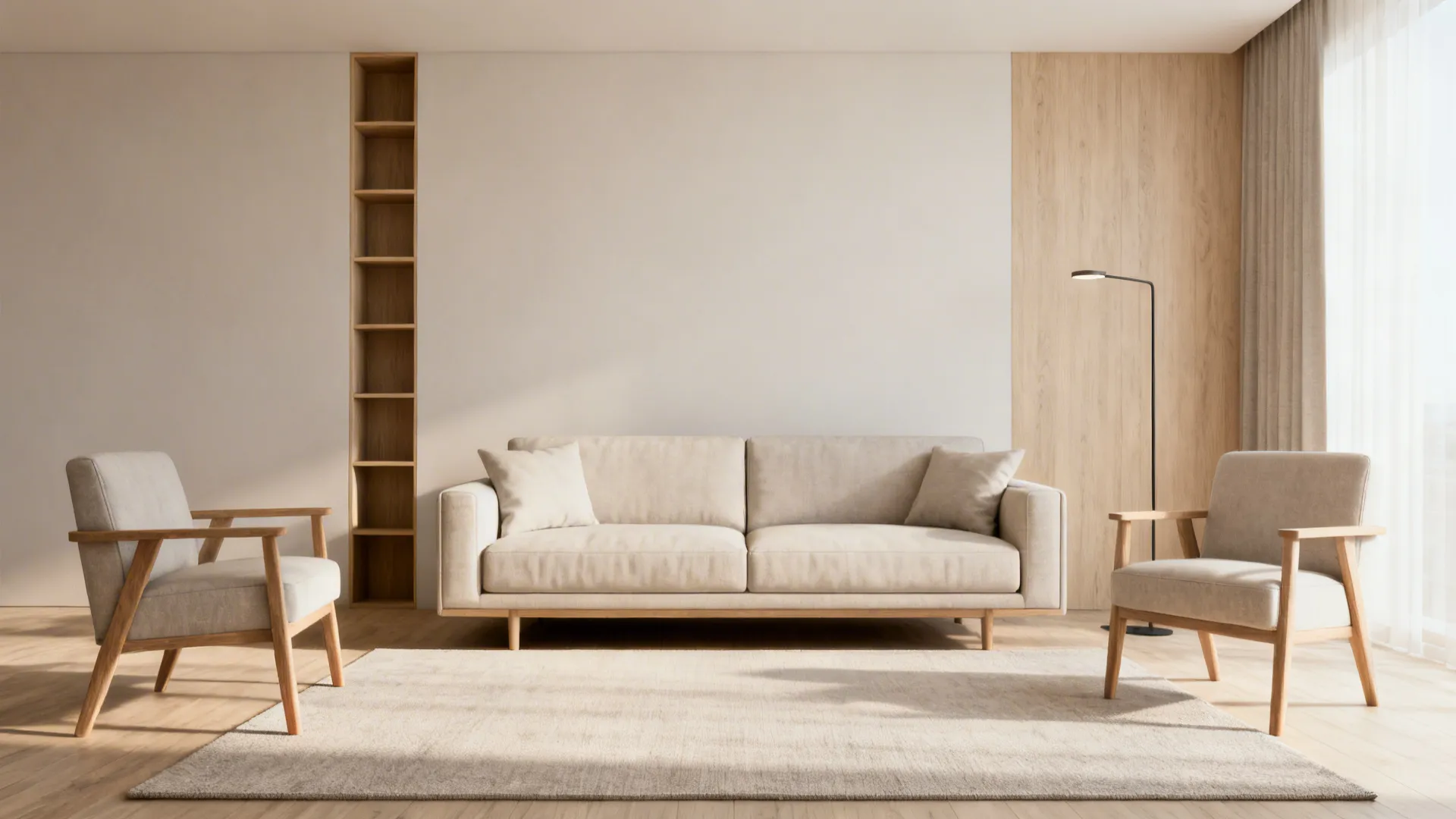 Neutral rug anchoring seating with tall shelving and a slender floor lamp creating vertical emphasis