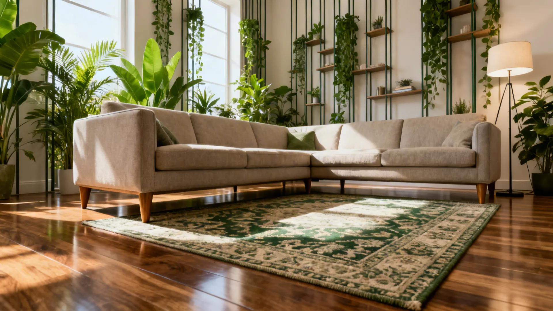 Sectional anchored by a right-sized rug with tall plants and slim shelving as vertical accents