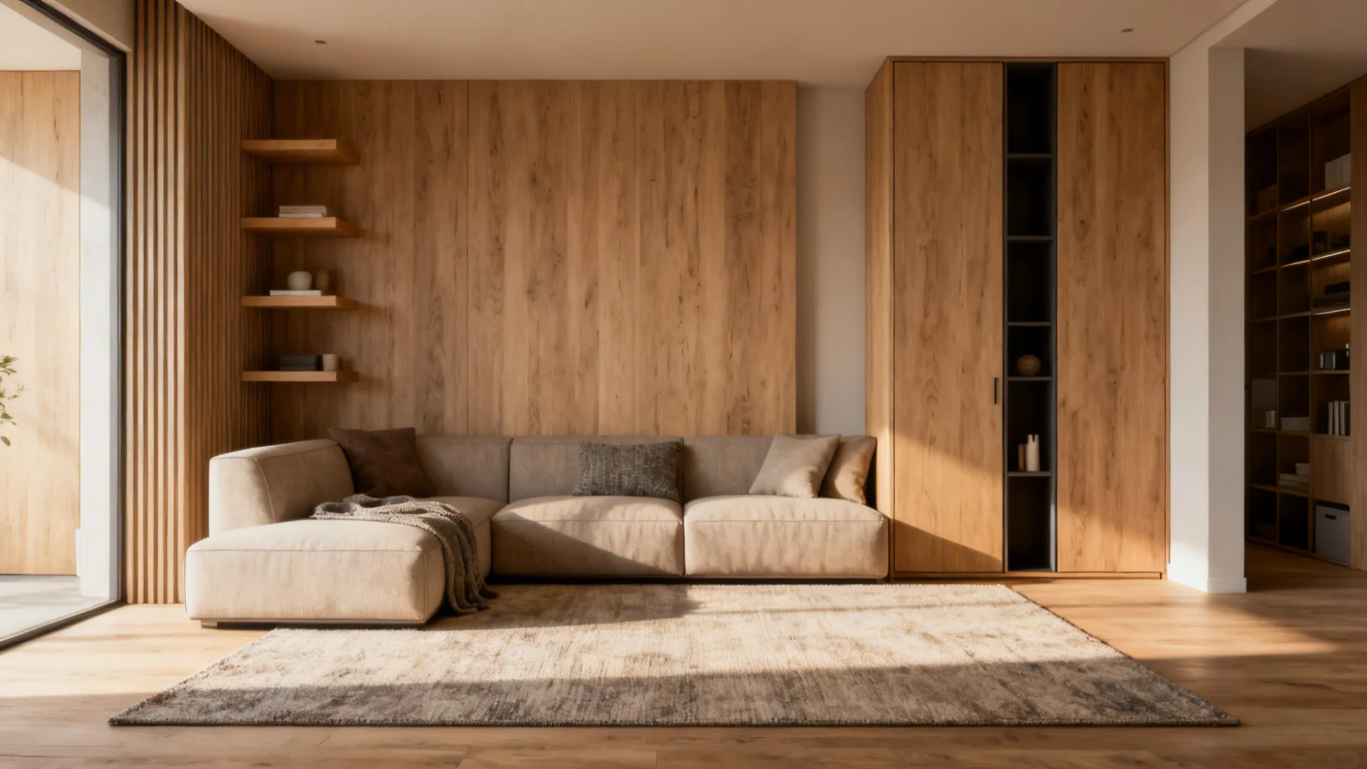 4. Anchor the Sectional with Rugs and Vertical Storage