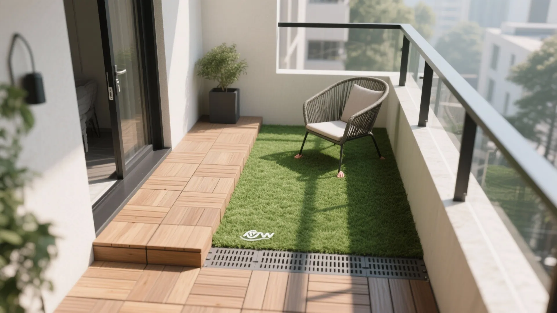 Green rug, wood walkway: zoned micro-layout