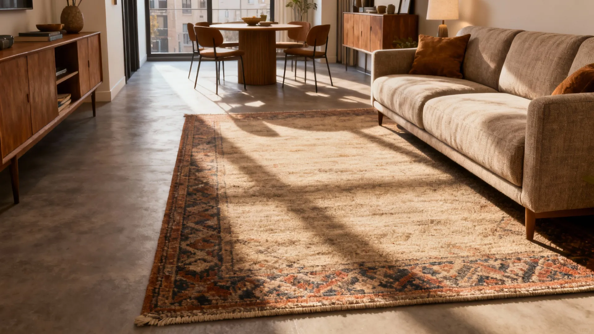 Narrow apartment with a large rug anchoring a sectional and a clear walkway