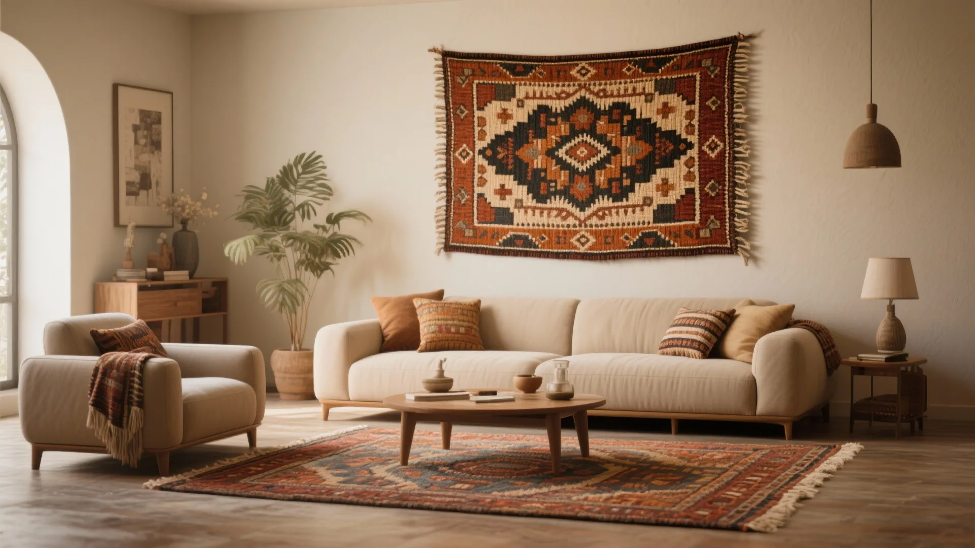 Beige living room with a patterned rug on floor and matching rug on the wall