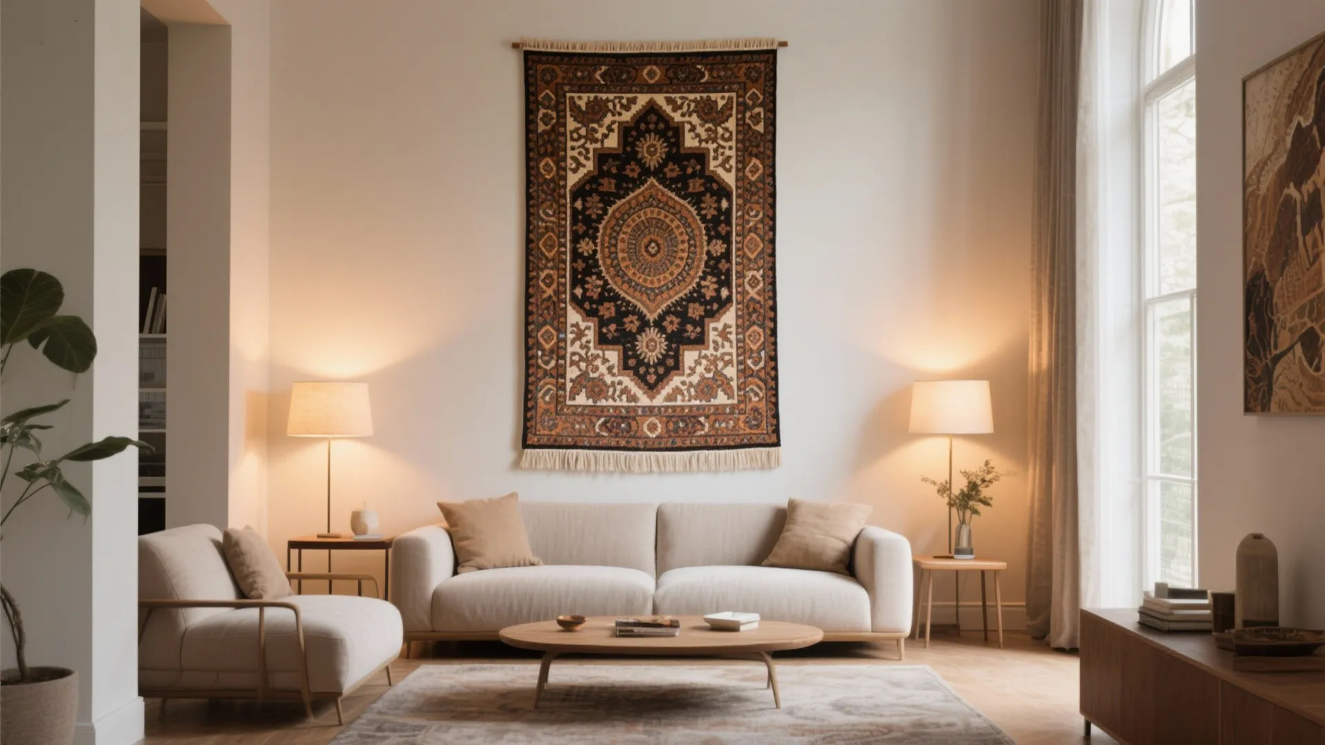 5x10 rug displayed vertically on a living room wall as art