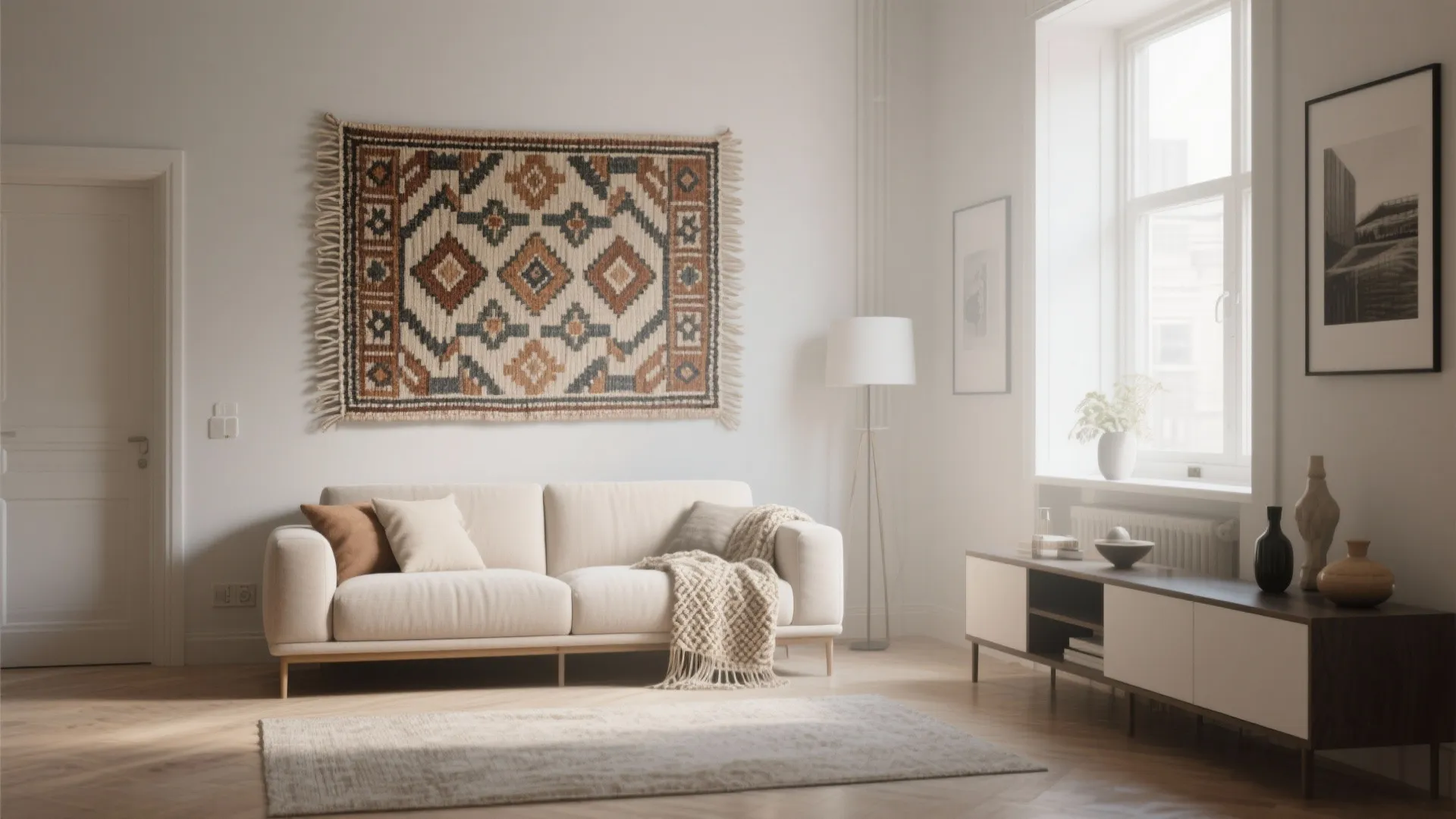 5. Turn a small rug into wall art or a backdrop