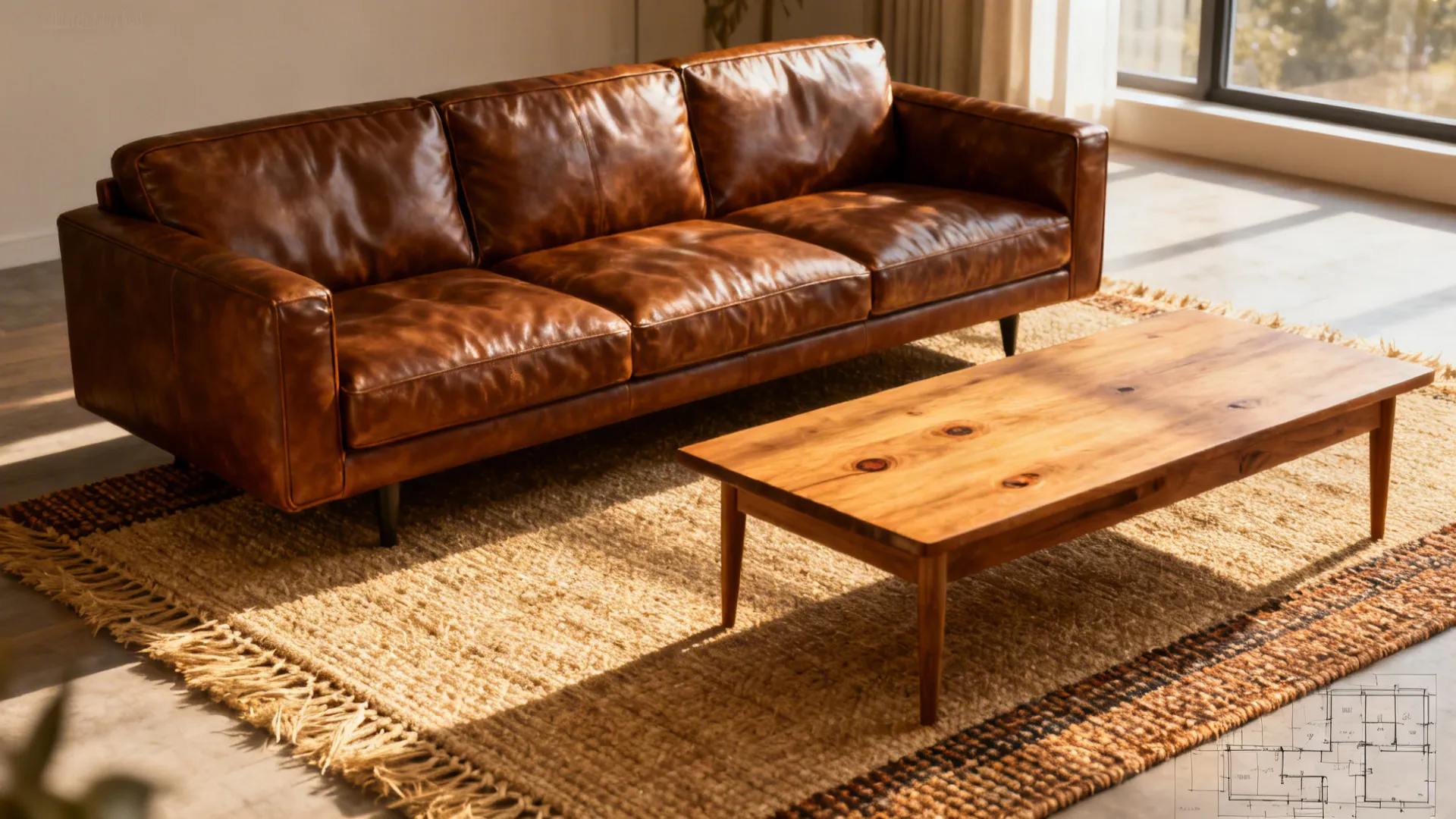 Brown leather sofa anchored by a textured jute rug and warm wood coffee table showing scale and placement.