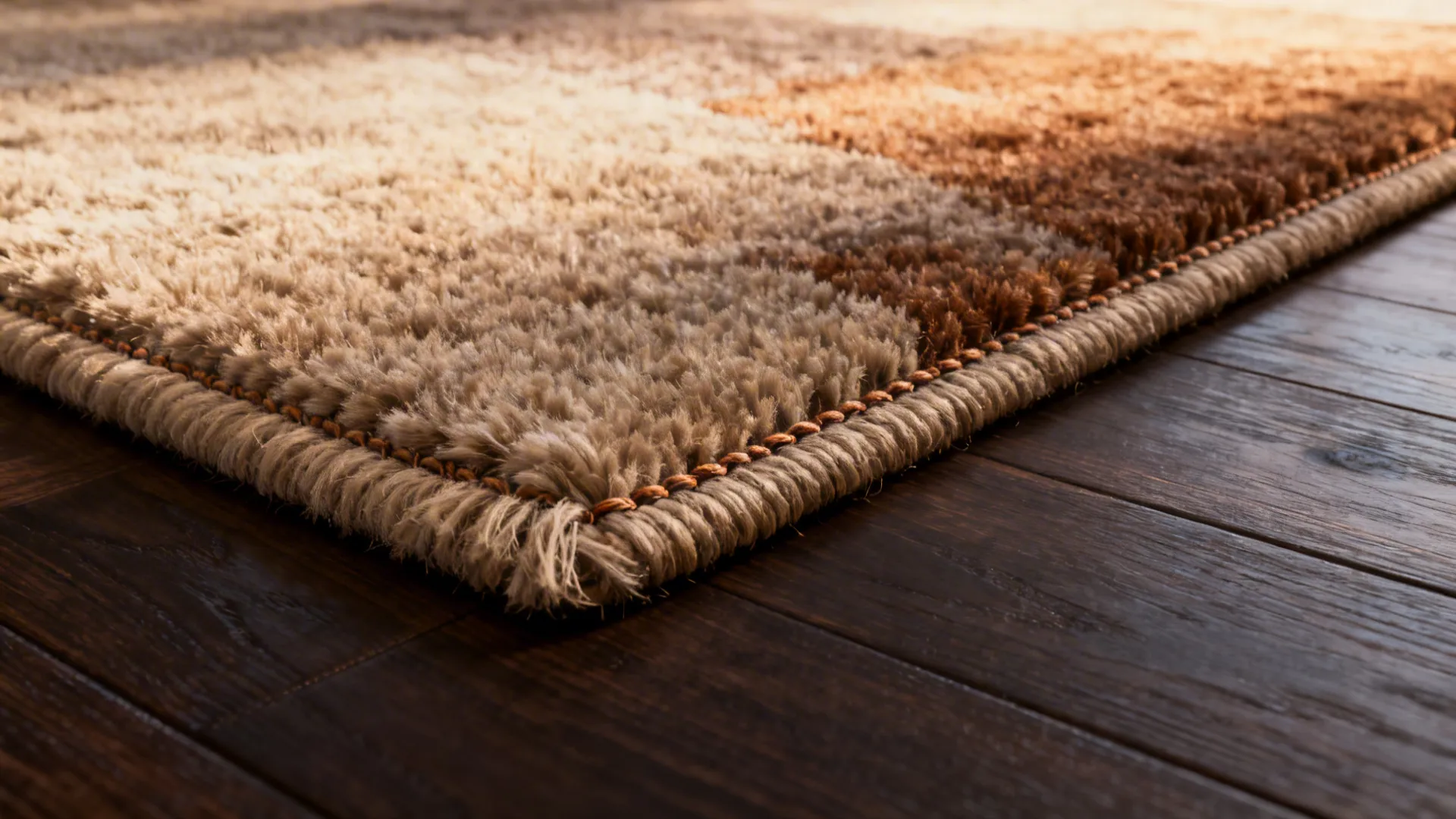 Macro view of wool rug edge on dark hardwood, showing texture and pile.