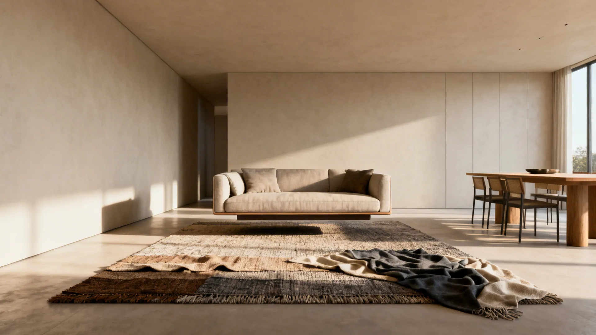 Living area with rug anchoring a floating sofa and a dining table aligned parallel to define zones