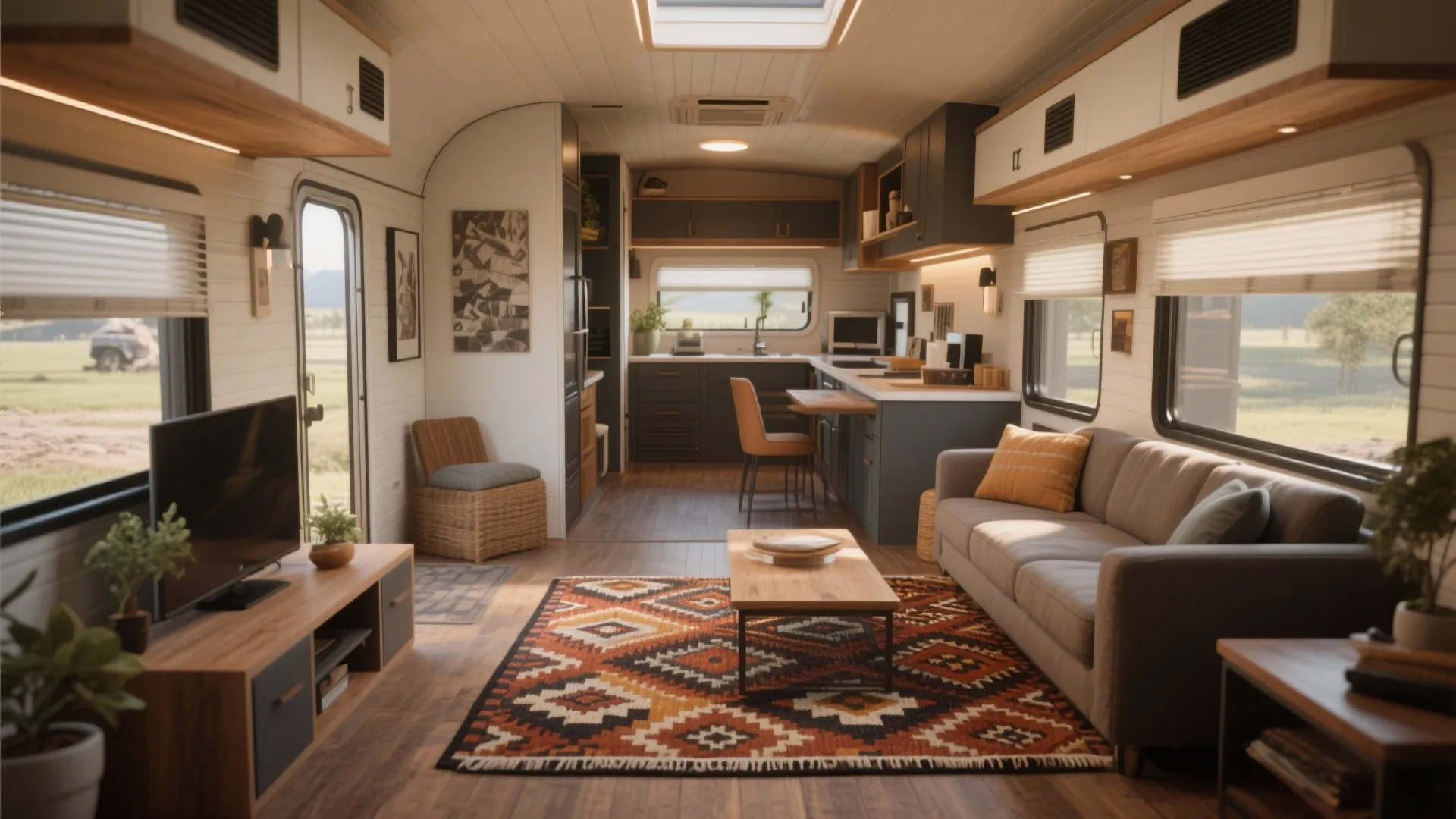 Tiny house interior with grey sofa patterned rug wooden coffee table kitchen and roof window