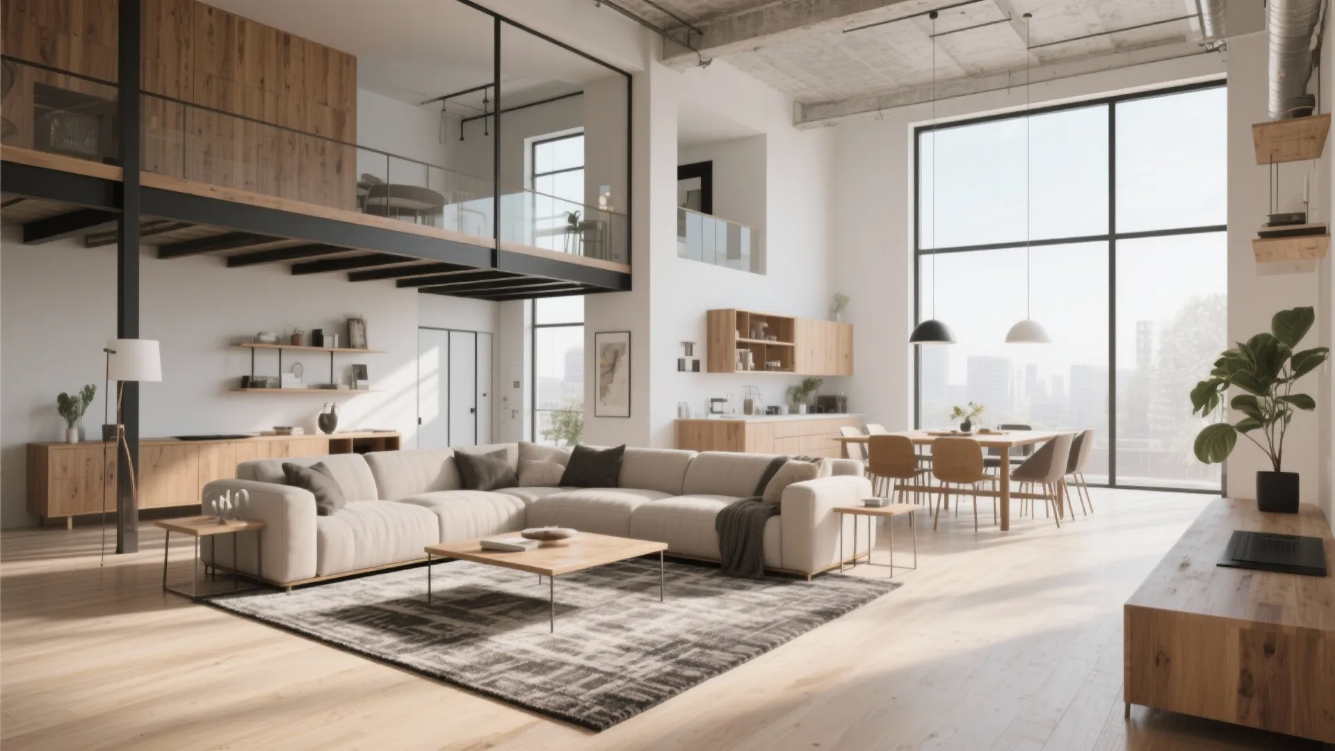 Modern open loft living room with large area rug defining seating zone under wooden mezzanine