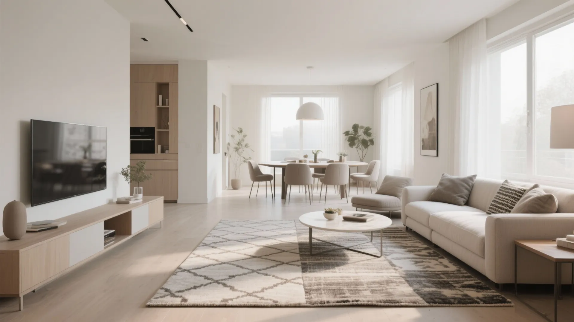 Modern open living room with white sofa patterned rug wooden cabinet and bright dining area