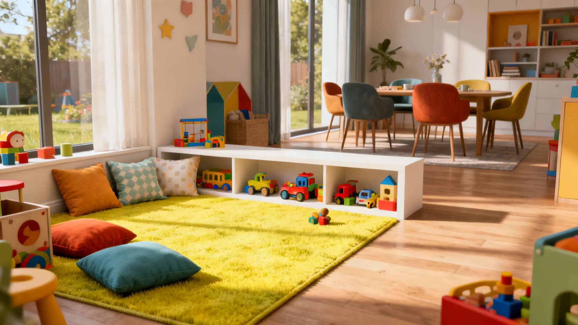Area rug marking a children's play zone with a low open shelf divider and seating beyond.