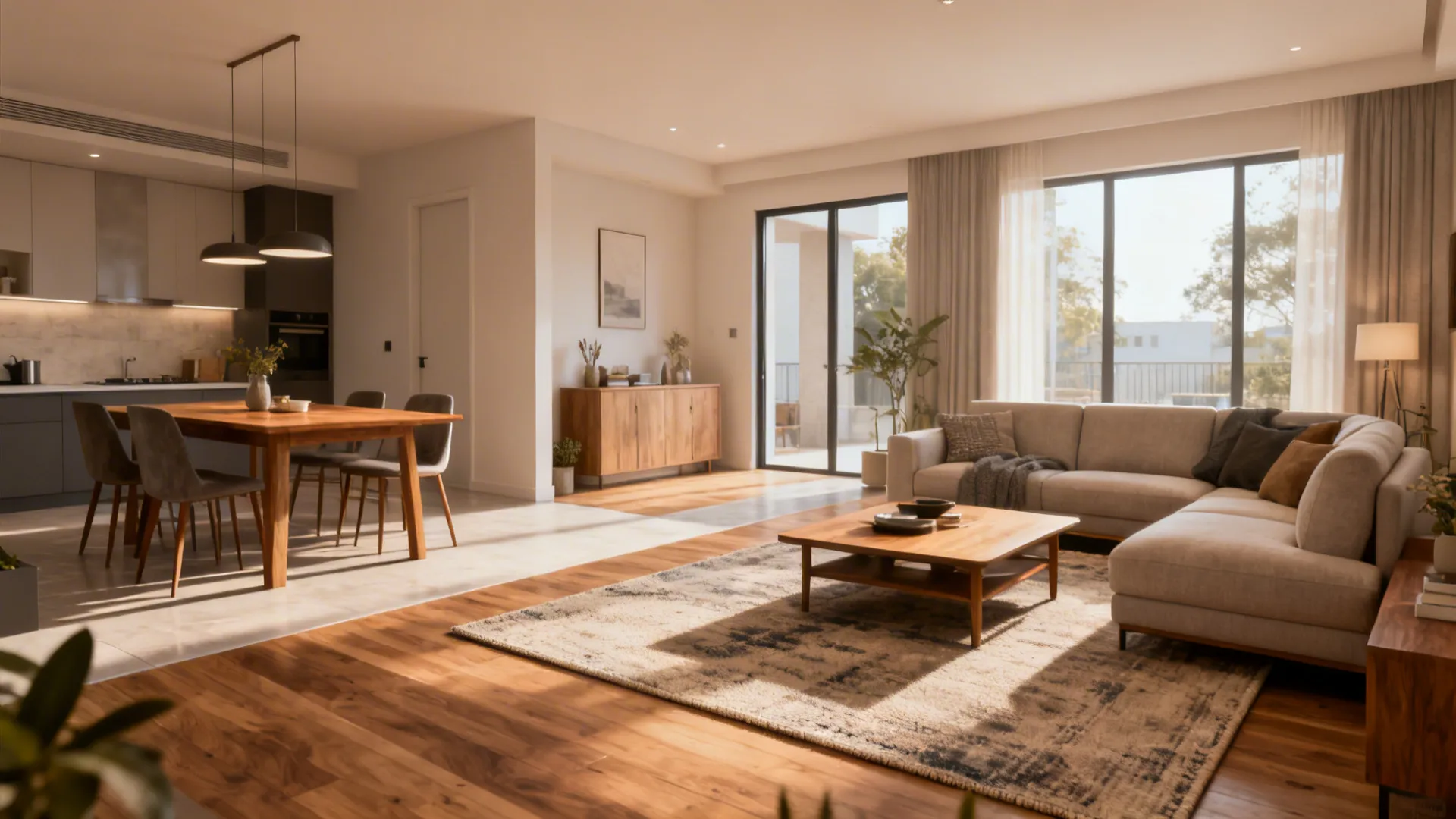 Modern open living room with a large rug dividing the sofa area and dining space