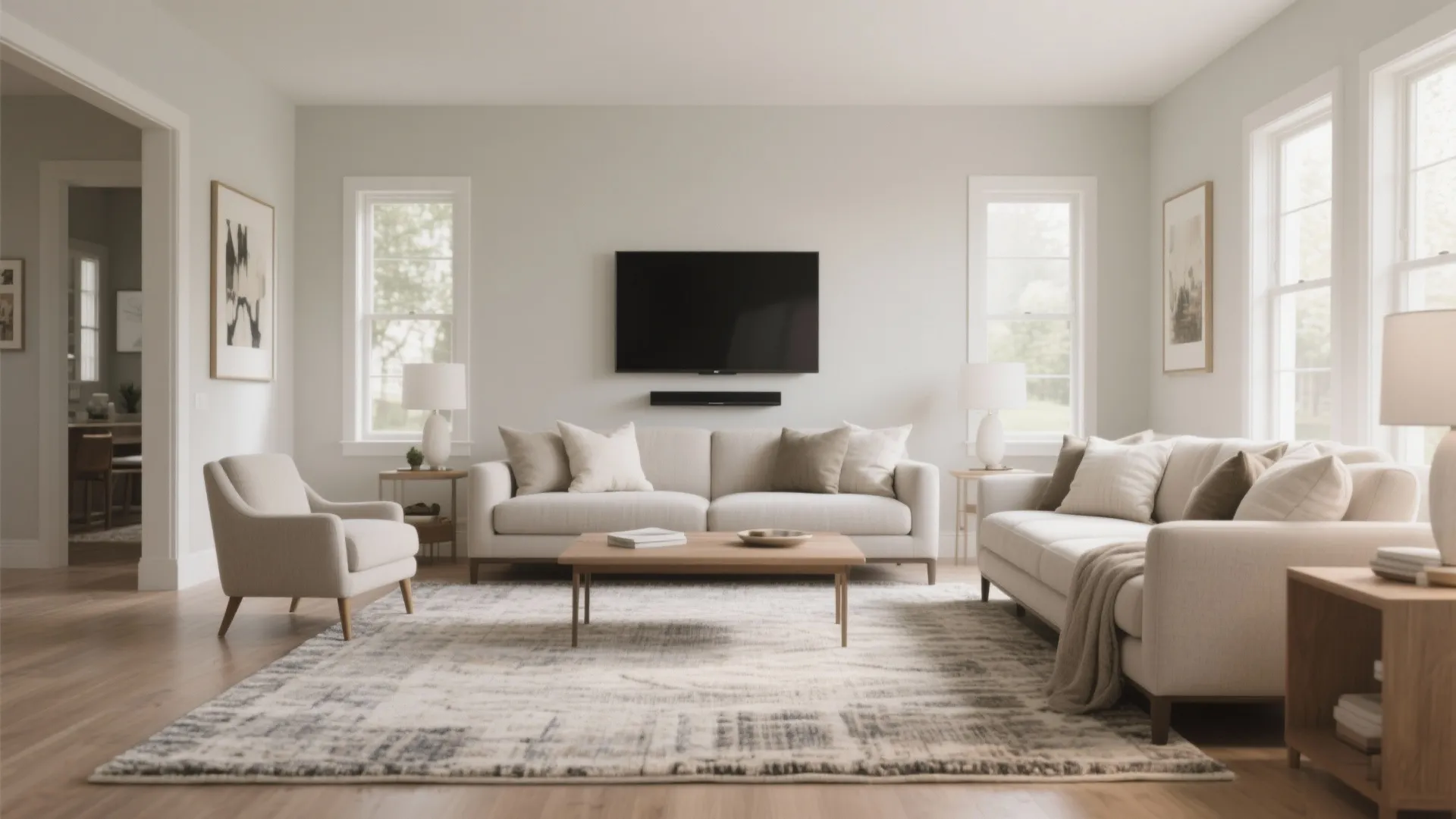 Large beige rug in bright living room with white sofas wooden coffee table and wall television