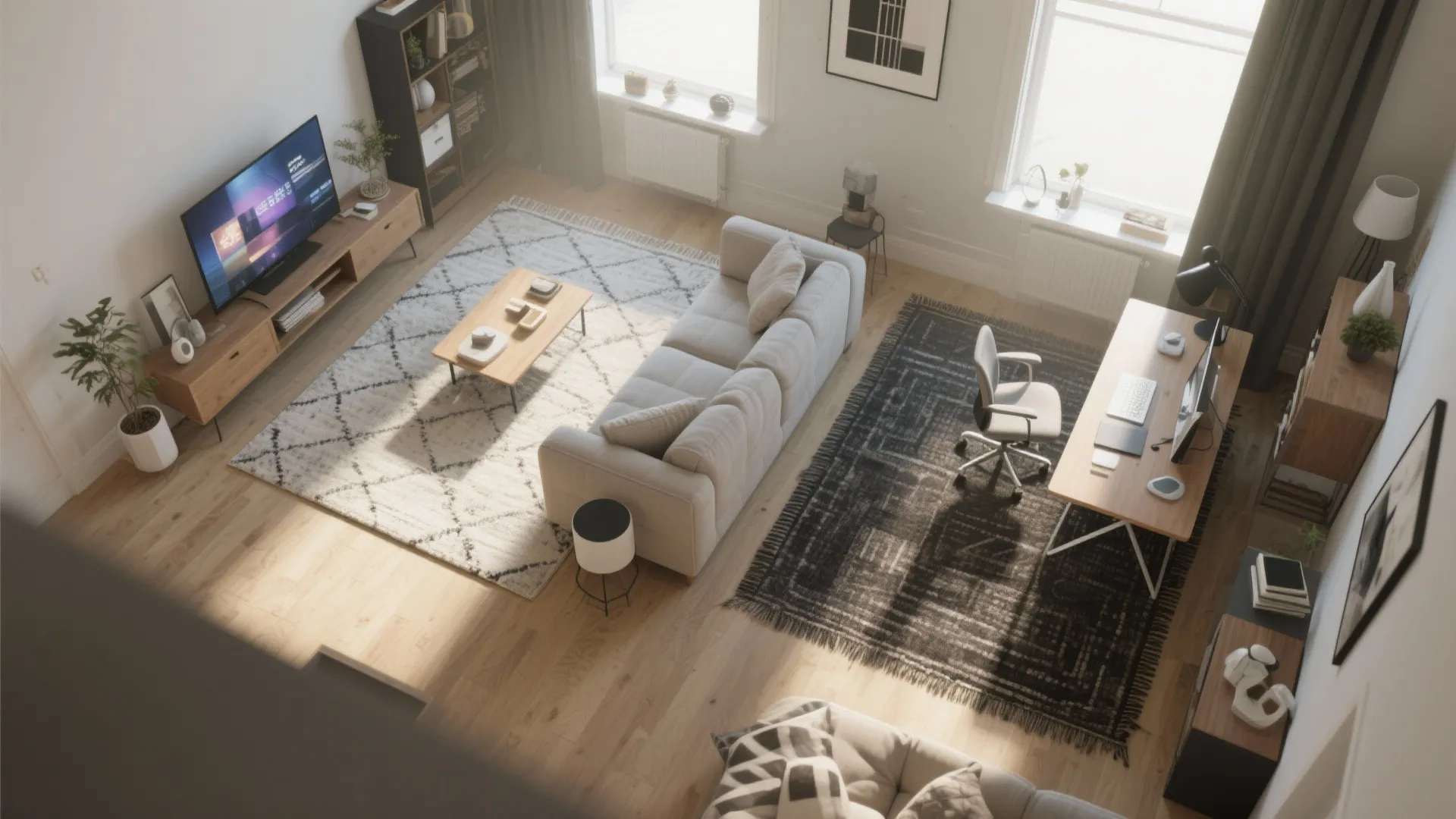 Top-down view showing rugs defining living room zones