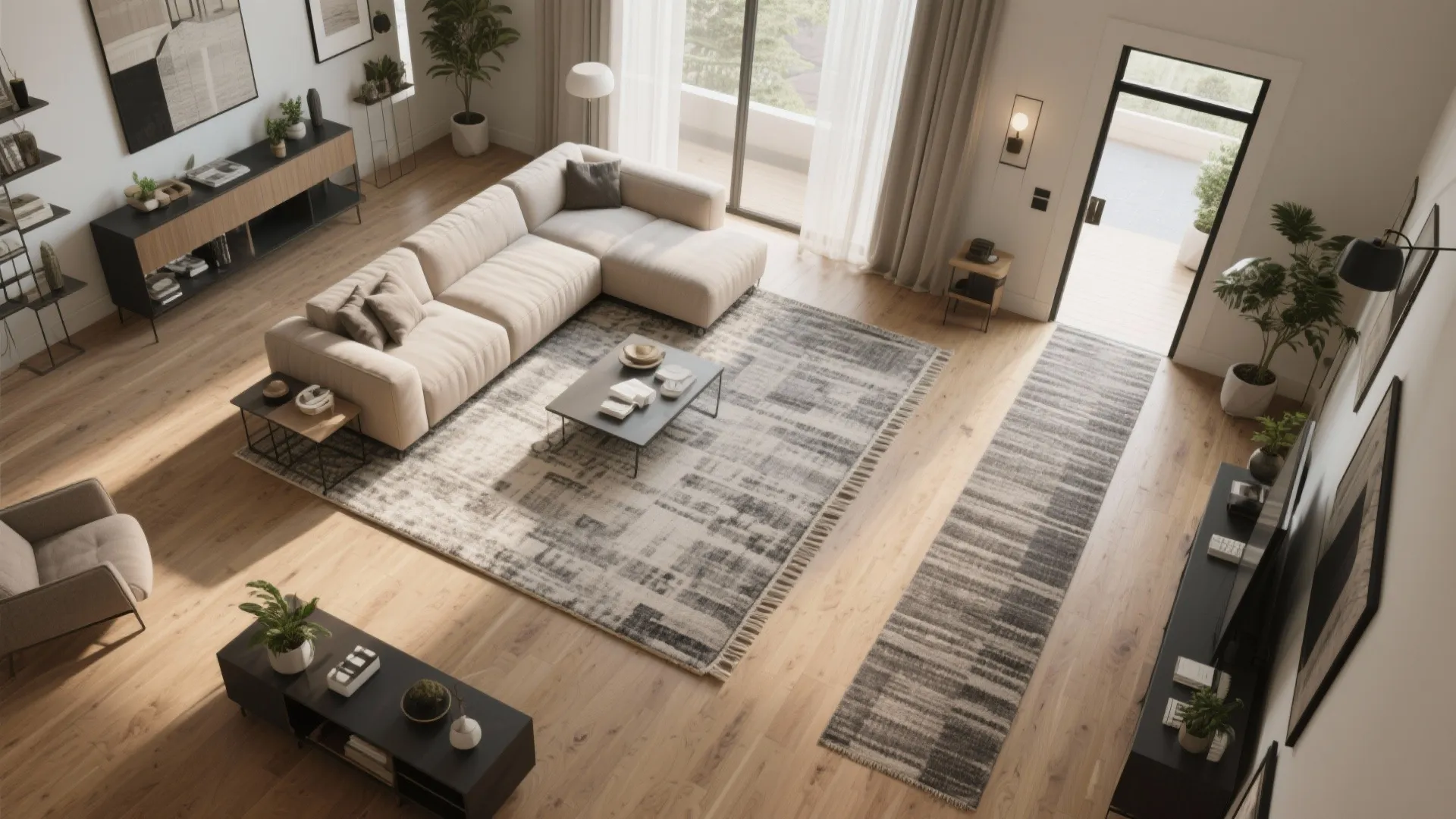 Top view of modern living room with beige sofa grey rugs wooden floor and black cabinet
