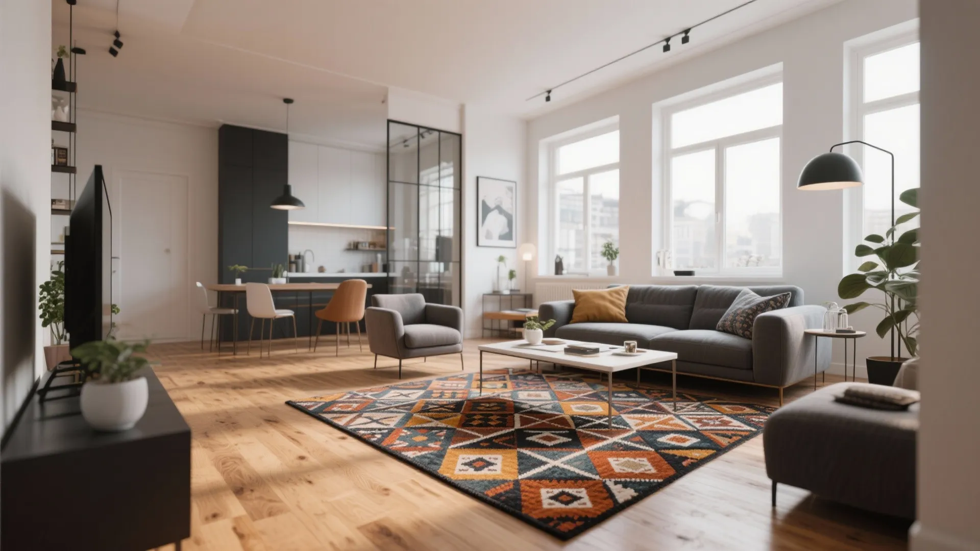 Open plan living room featuring colorful patterned rug with gray sofa and bright windows daytime