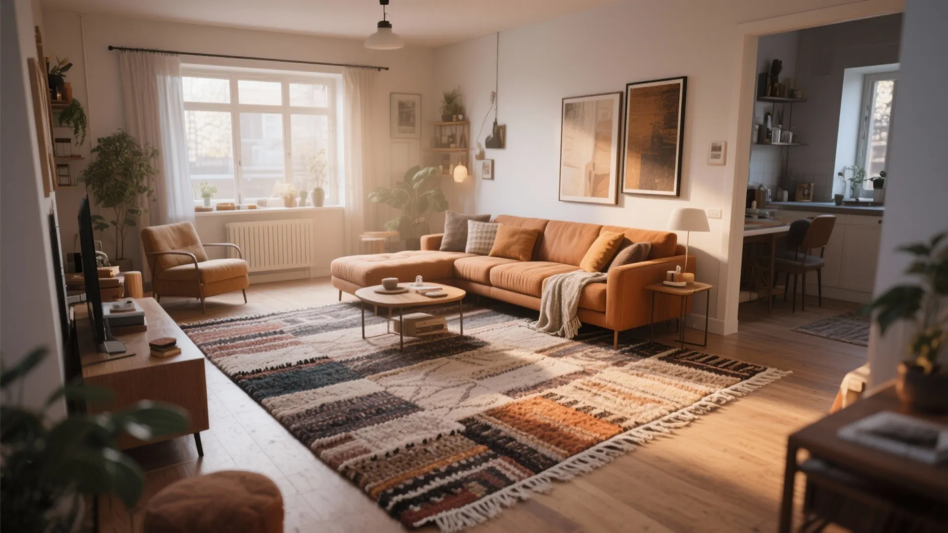 Cozy living room with orange sofa colorful patterned rug coffee table armchair and natural light