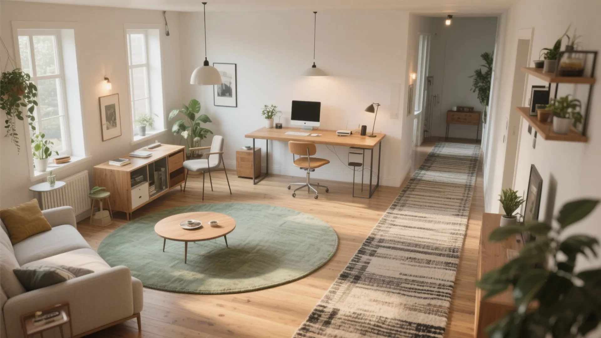 Open home office space with wooden desk green round rug long hallway rug and light