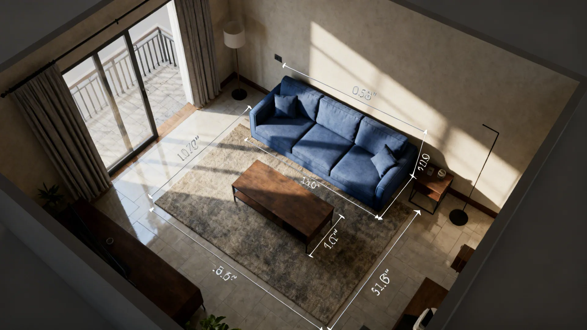 Living room interior design drawing showing blue sofa and rug with white furniture size lines