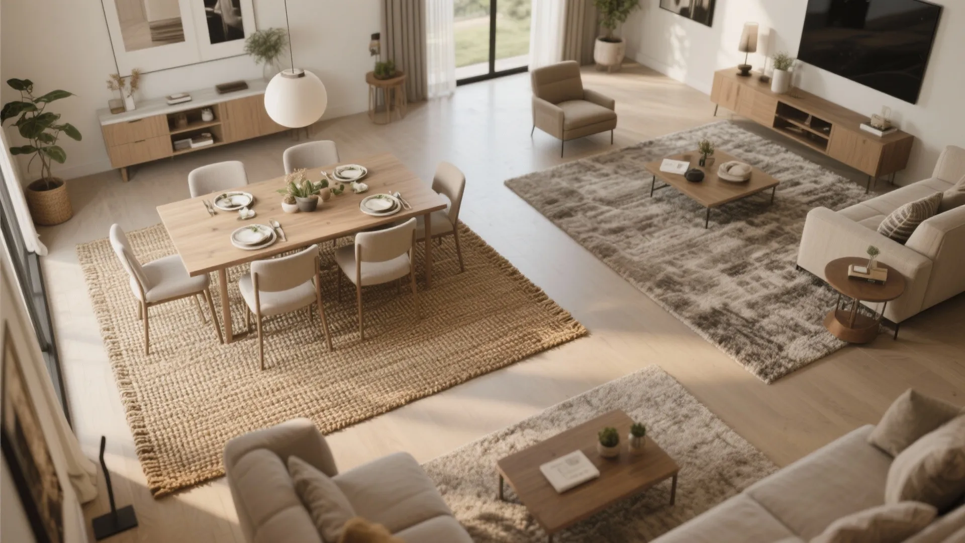 Large open living room using area rugs to define separate dining and lounge furniture zones