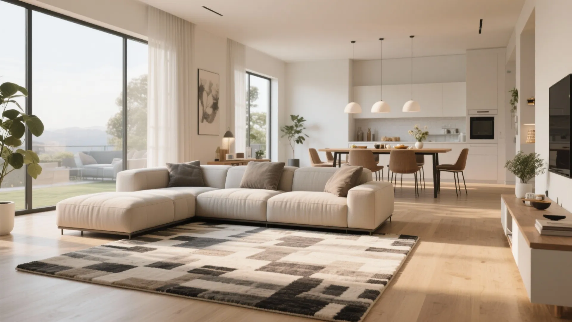 Modern open plan living room and kitchen area with large area rug for zone separation