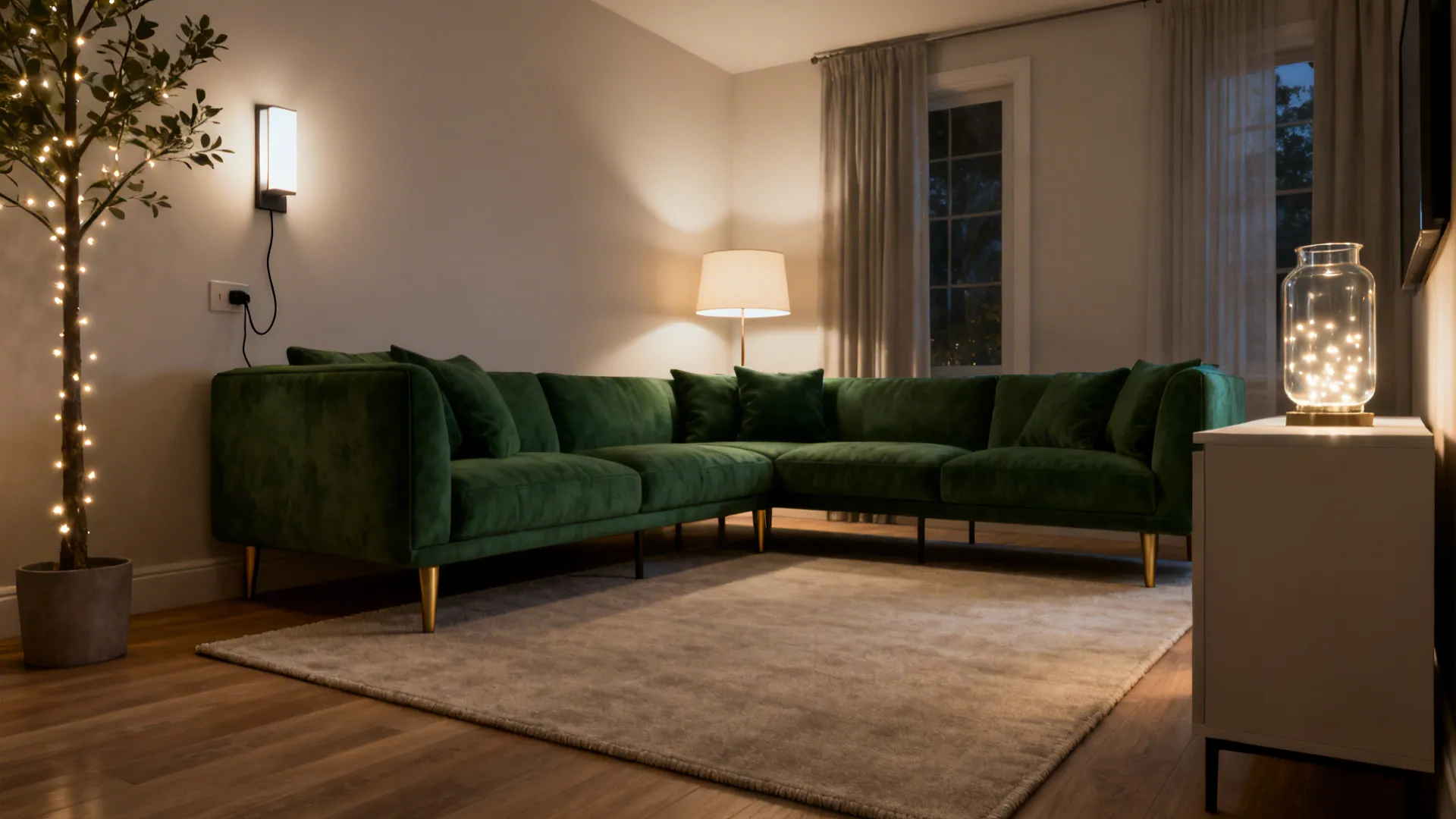 Small living room with an oversized rug and layered warm LED lighting.