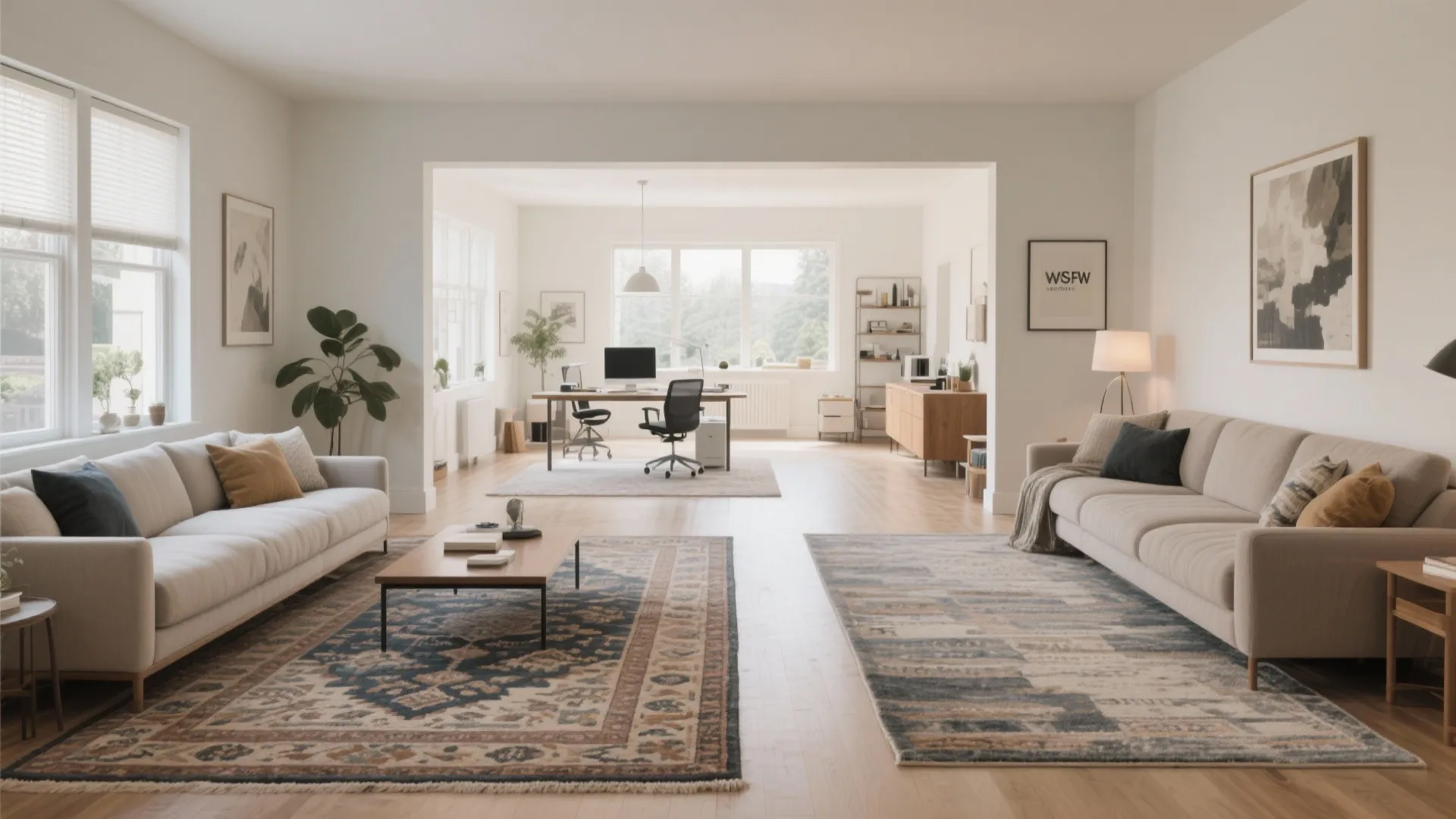 Large open plan living area with two patterned rugs defining separate seating and office spaces
