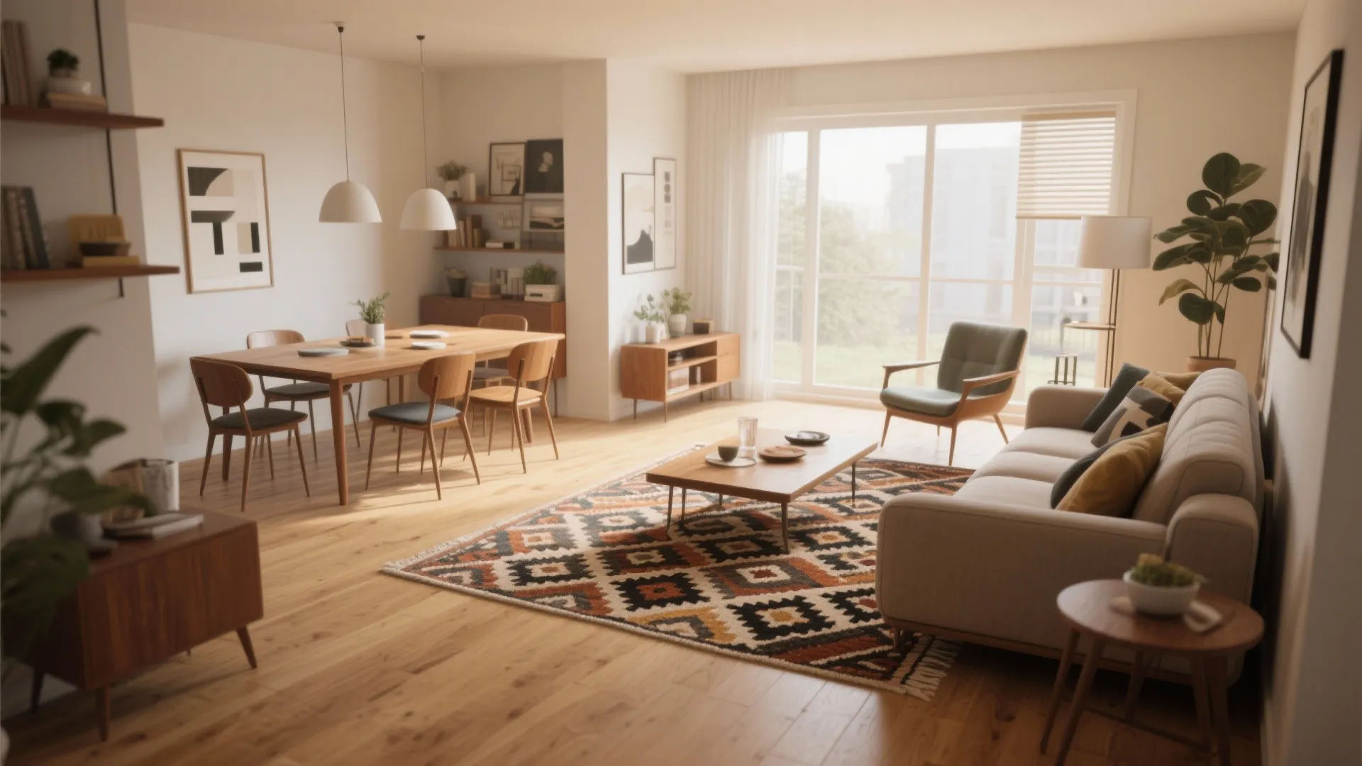 Small living dining room with rug separating lounge area