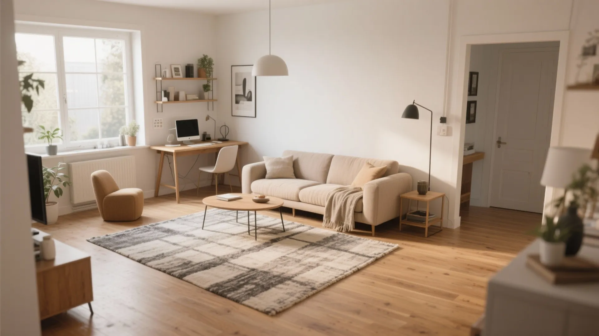 Modern living room with beige sofa checkered rug wooden coffee table desk white ceiling light