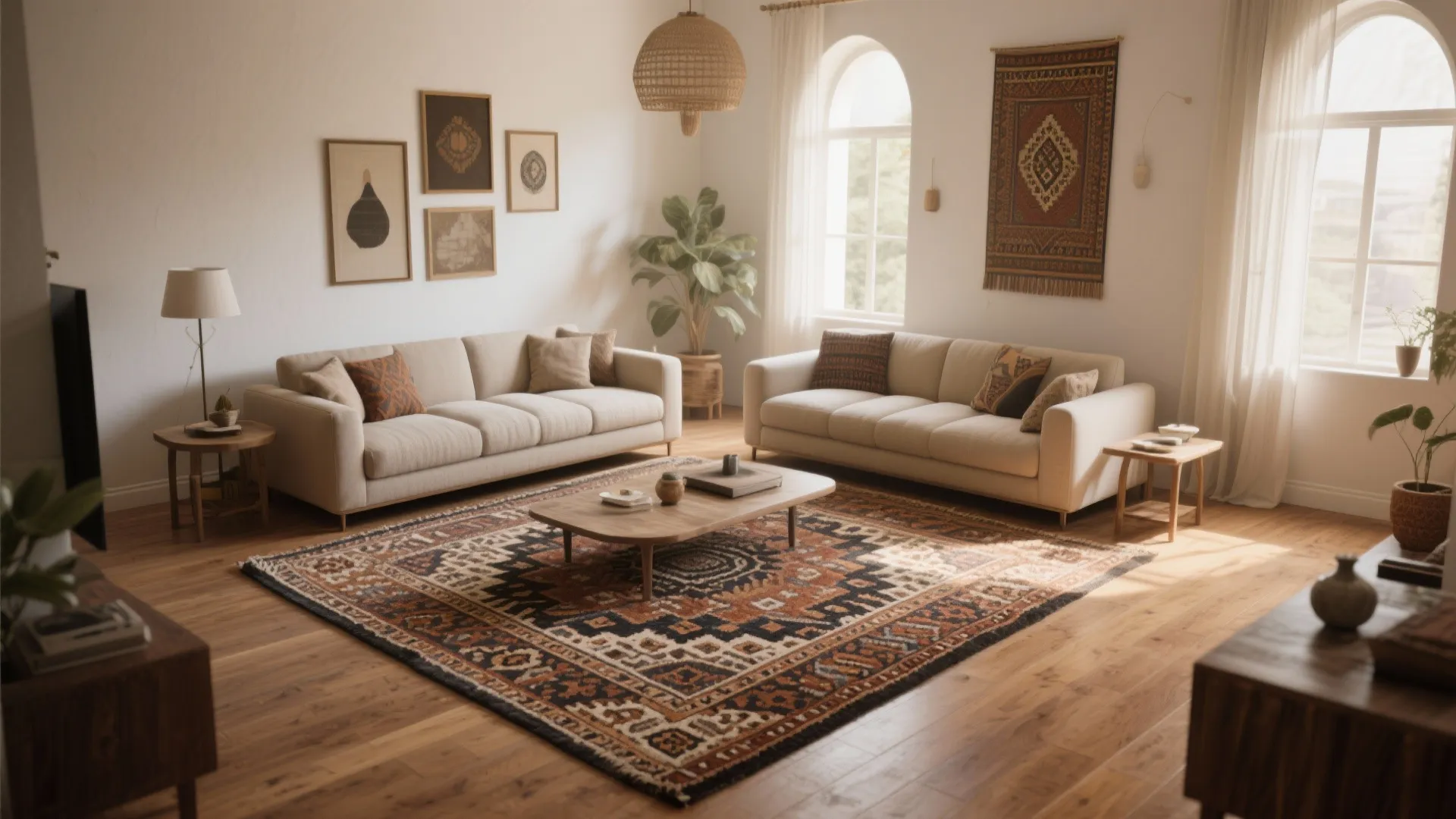 Spacious living room with two beige sofas a patterned area rug and wooden floor and furniture
