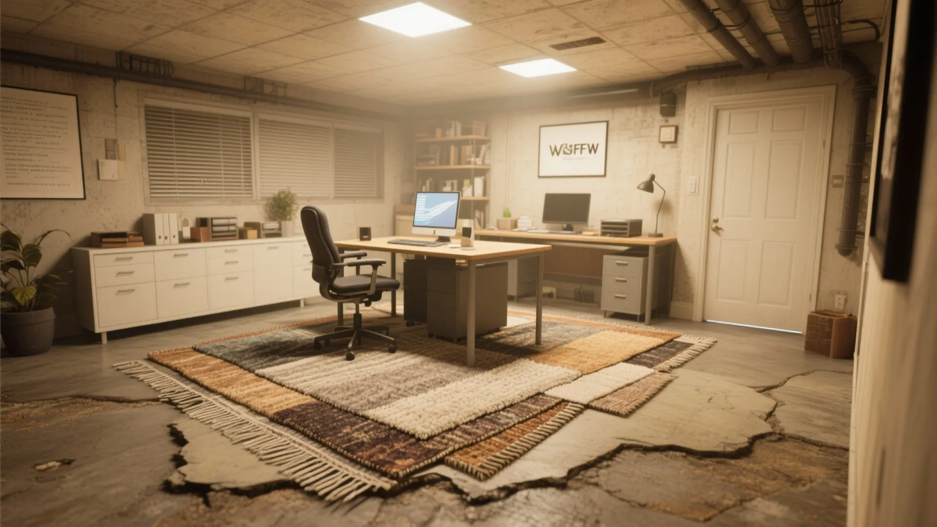 Large home office with white cabinets and a colorful rug on the floor under desk