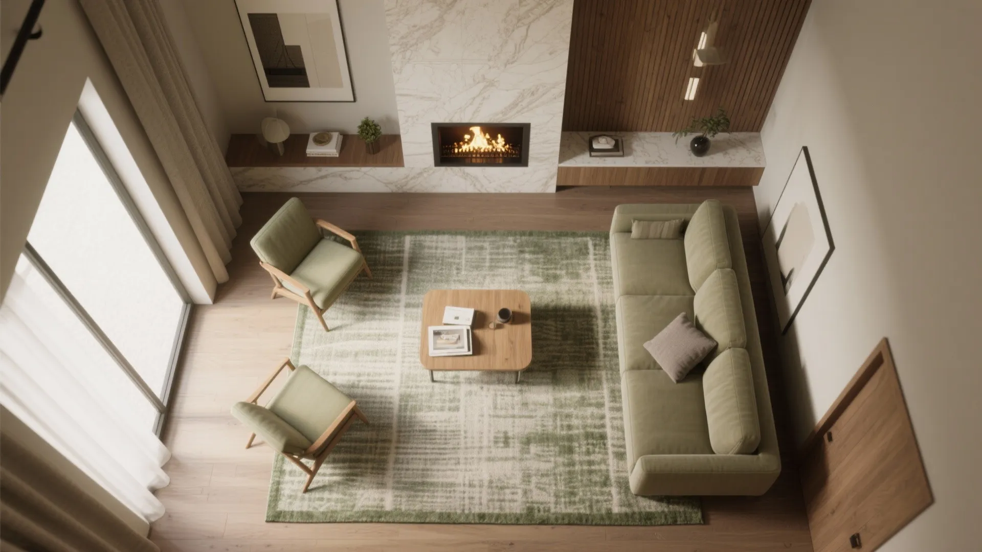 Top view of a living room layout with a green rug sofa and two chairs