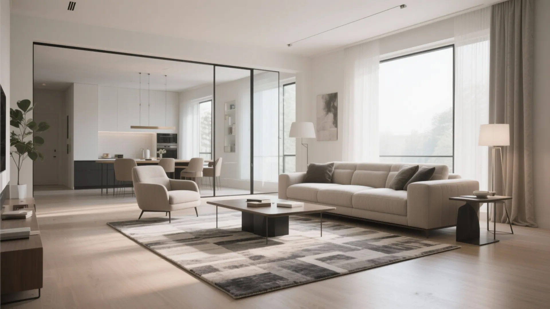 Modern open living area with large rug defining the sofa space near glass sliding doors