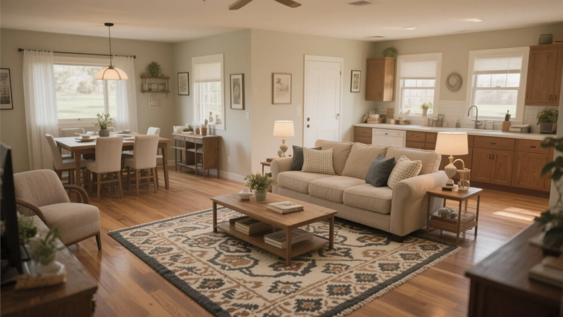Open living room featuring large pattern rug wood coffee table beige sofa and dining area