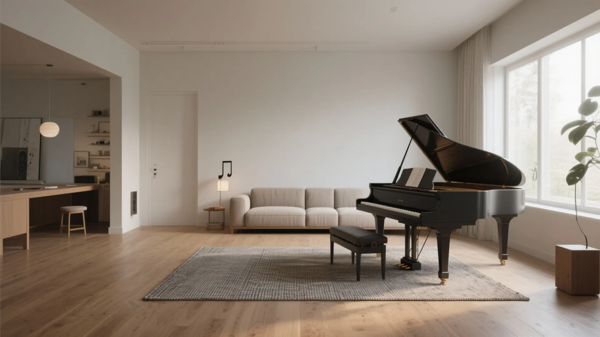 Modern open living area featuring a black grand piano on a rug and beige sofa
