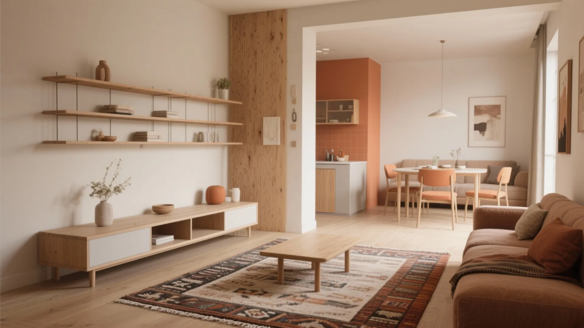 Modern open plan living room with wooden shelves a large patterned rug and orange chairs