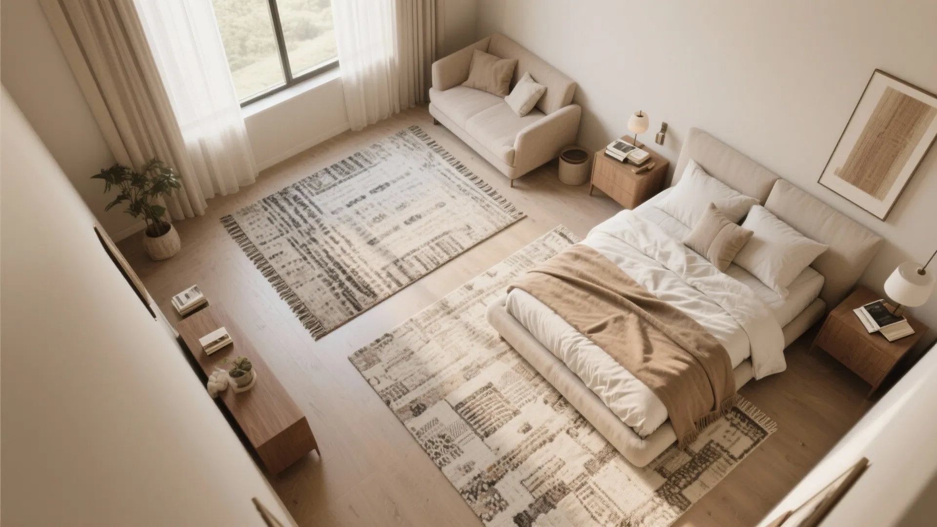 Top view of a cozy bedroom with patterned rugs covering wood floor near sofa and bed