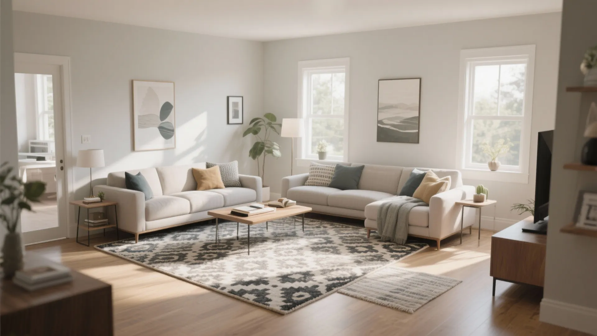 Modern bright living room with white sofas wood coffee table patterned rug and natural light