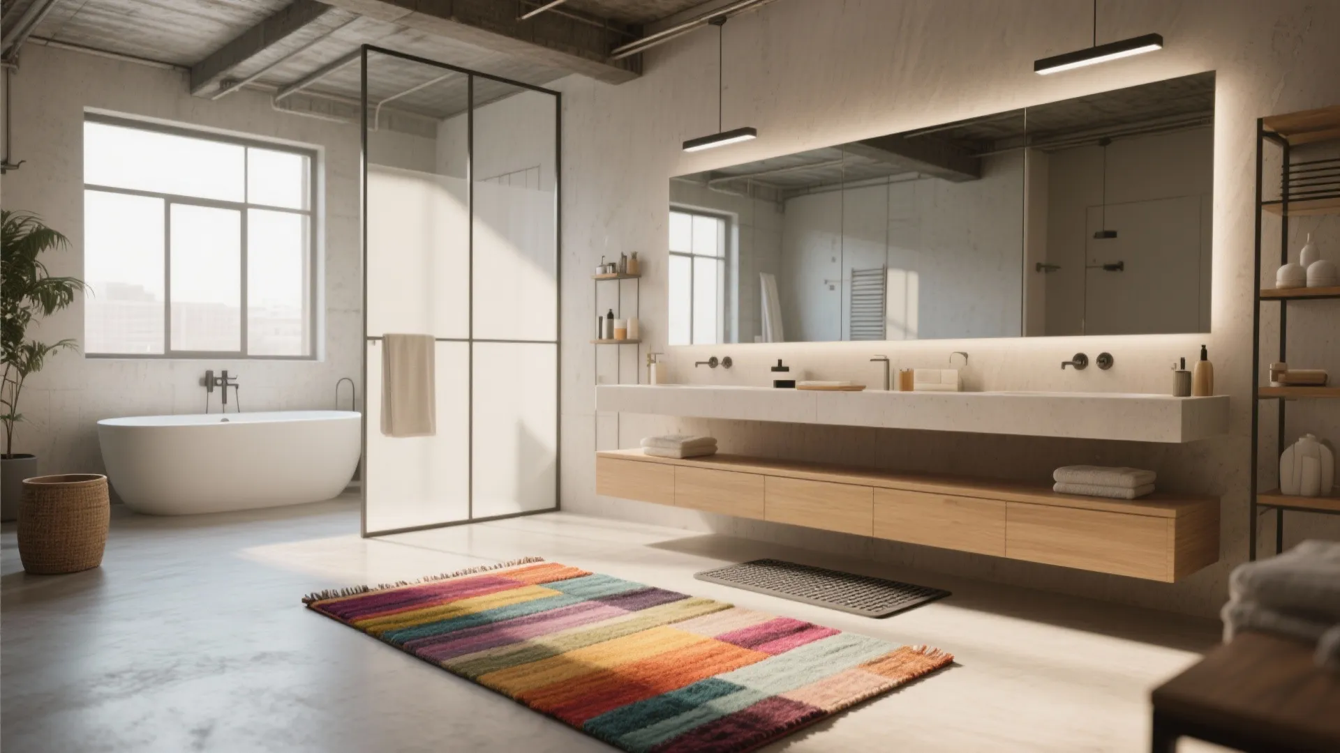 5. Let the rug define zones in open bathrooms