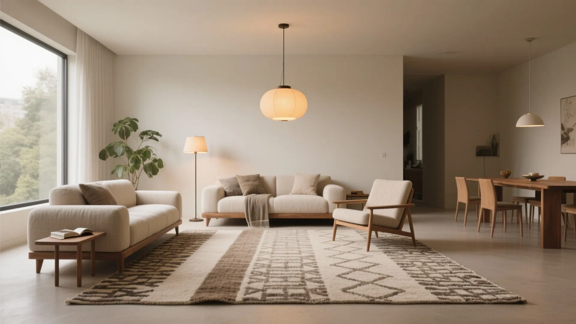 Modern open plan living space with patterned rug, white sofa, armchair, and round ceiling light