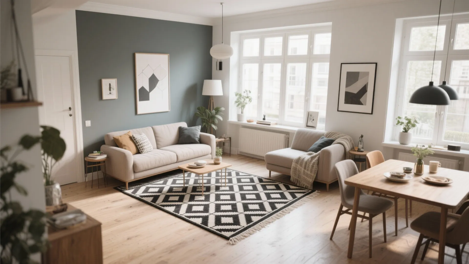 Geometric rug defining the living zone in open plan space