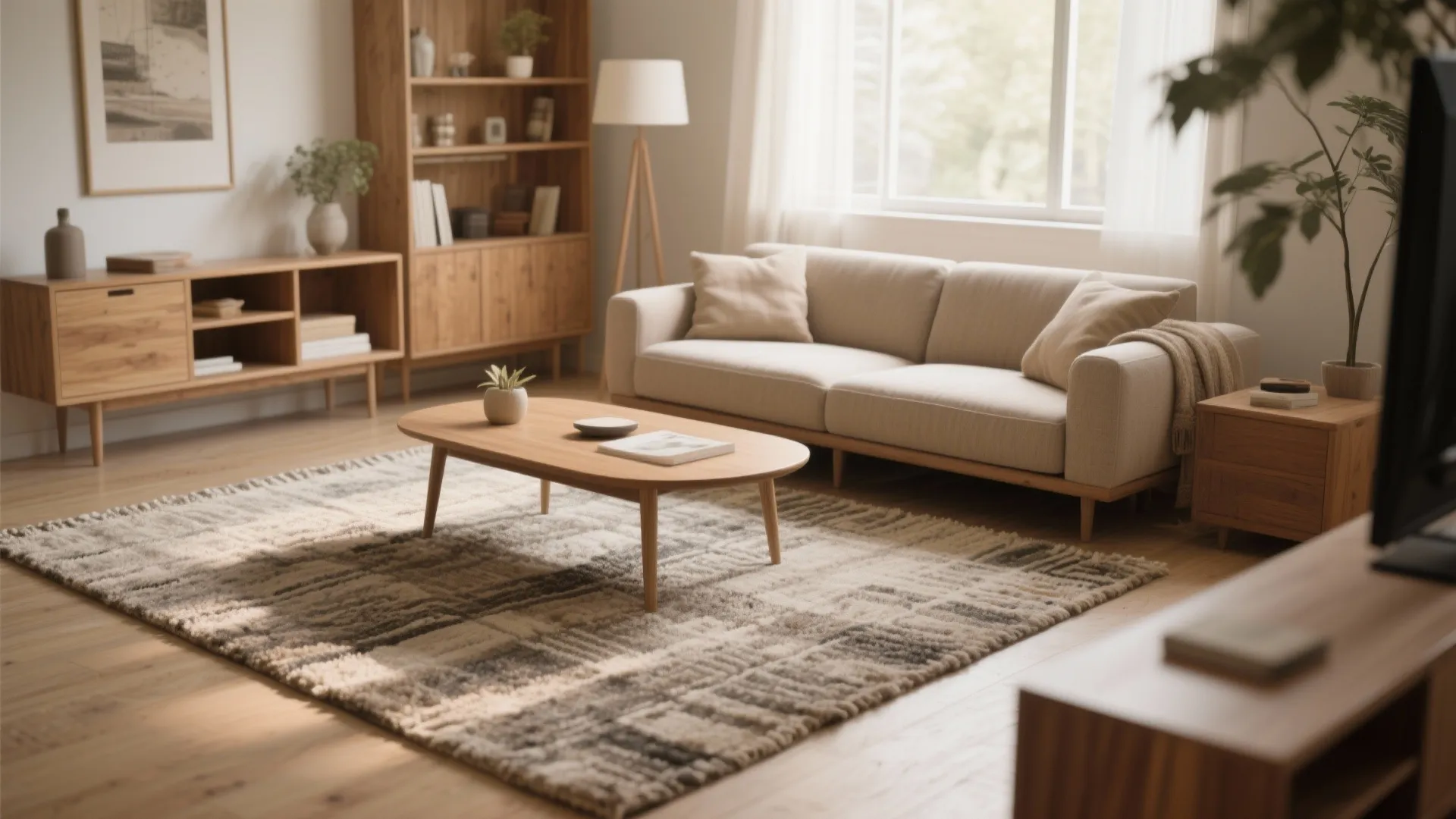 Modern living room featuring beige sofa wooden coffee table patterned rug floor lamp and bookshelf